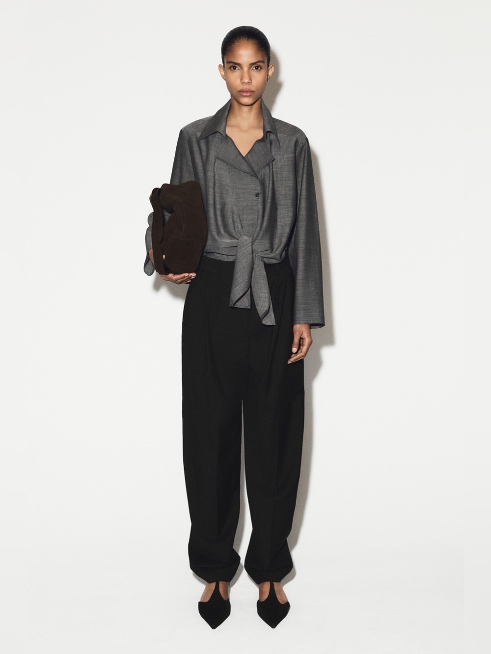 COS | TIE-FRONT WOOL-RAMIE SHIRT IN GREY MÉLANGE